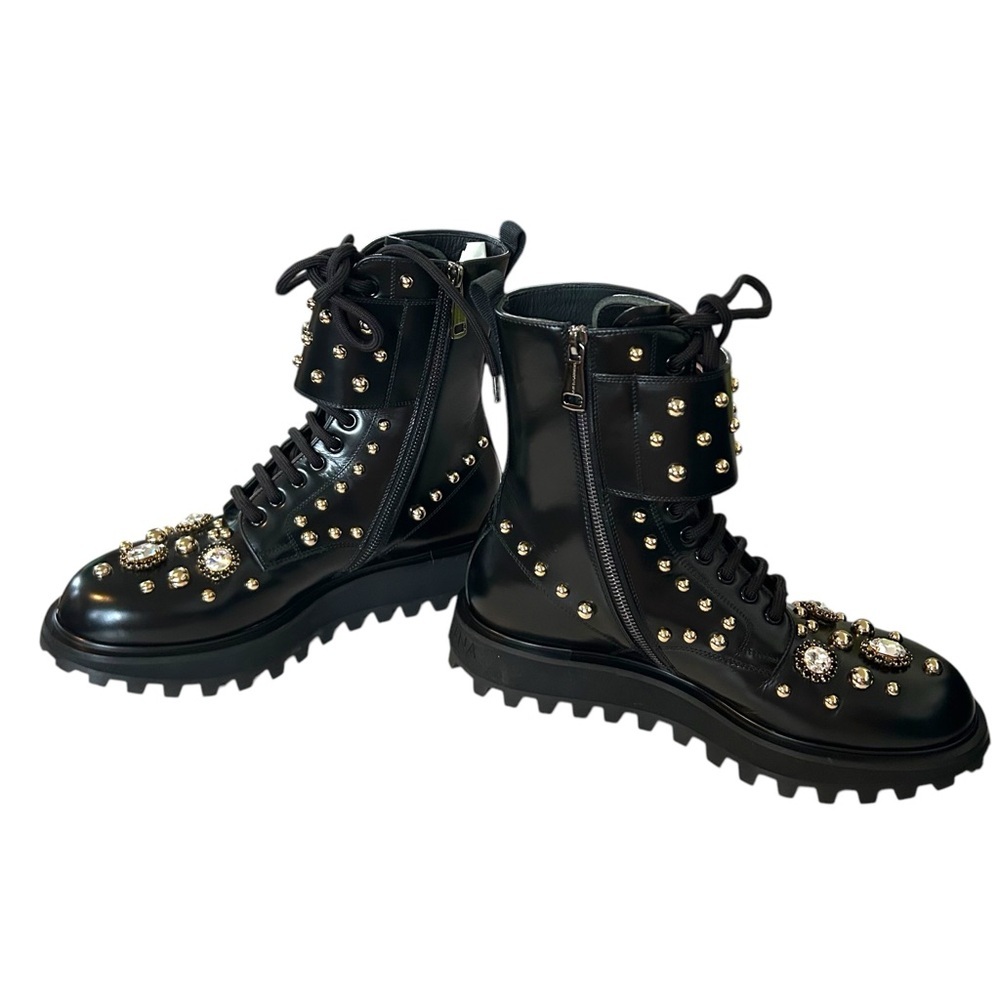 Dolce & Gabbana 9 Naxos combat boot studded jeweled lace‎ up zip crown embossed - Picture 3 of 16